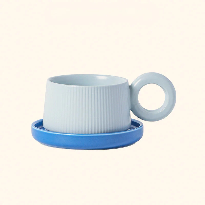 Ribbed Ceramic Donut Handle Mug and Saucer Set