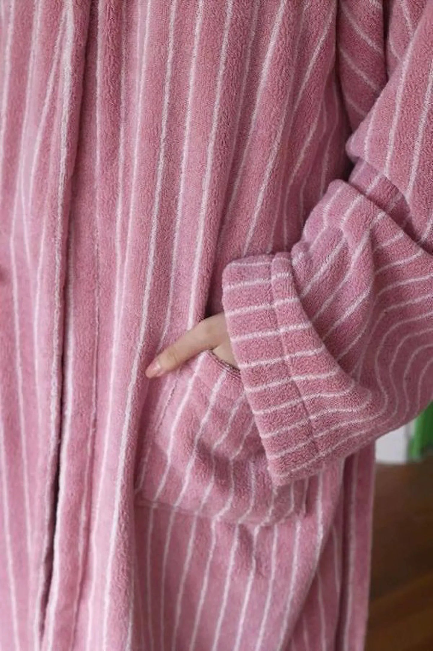 Plush Vertical Striped Cotton Hooded Robe