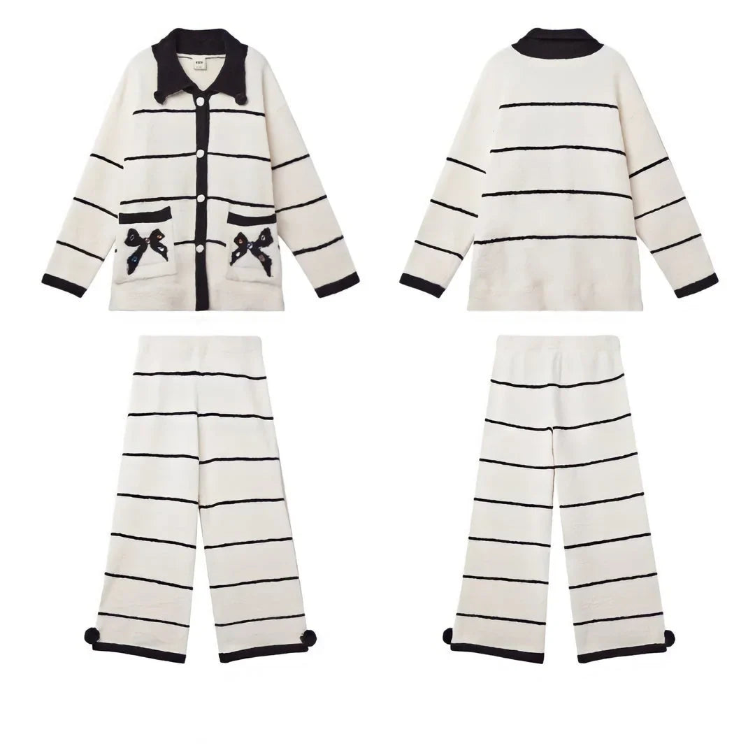 Plush Striped Fleece Pajama Set with Bow Detail