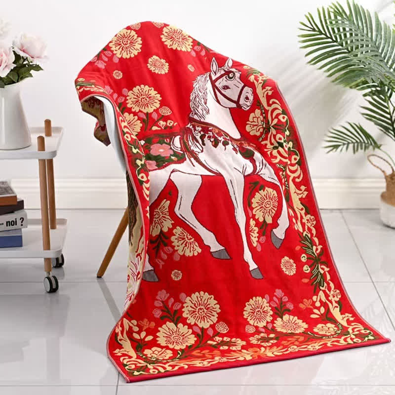 Festive Horse & Floral Cotton Gauze Bath Towel