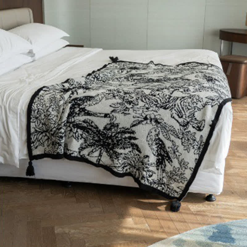 Vintage Ink Floral Bird Knit Throw Blanket