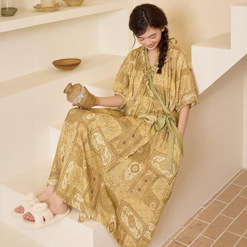 Ethnic Style Ruffled Collar Side-Tie Nightgown