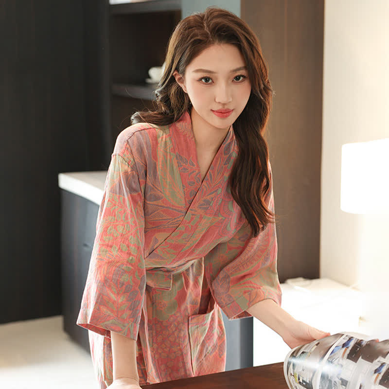 Floral Leaf Cotton Double Gauze Kimono Robe
