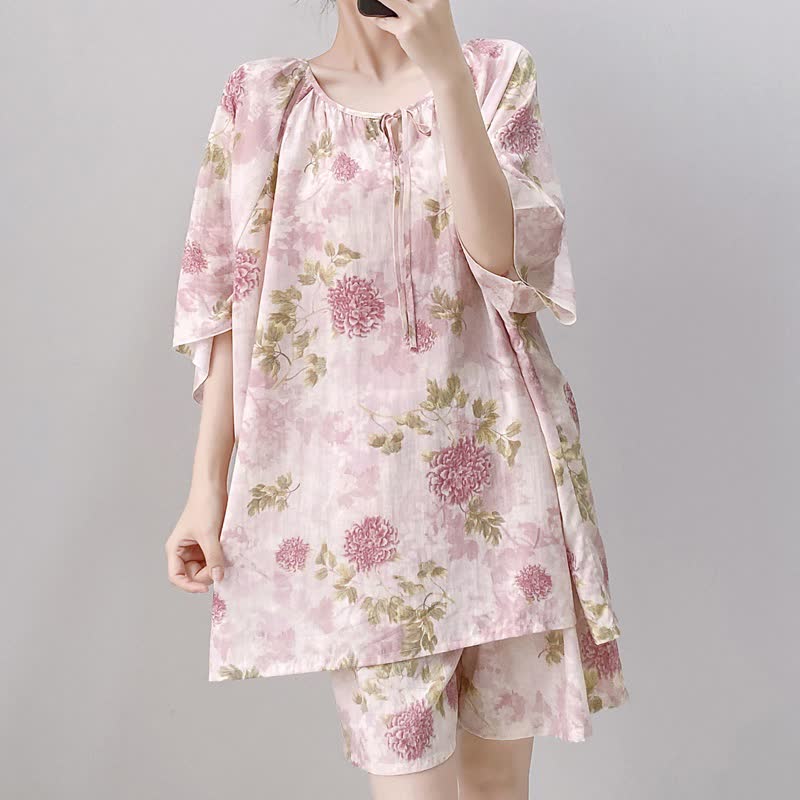 Plus Size Pink Chrysanthemum Pajama Set