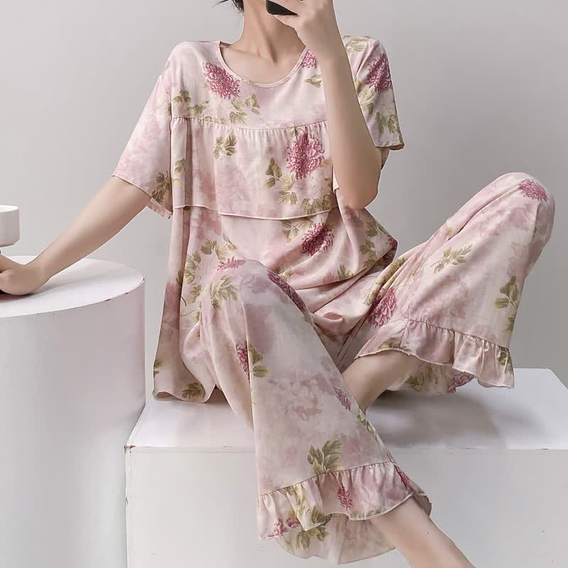 Round Neck Pink Chrysanthemum Pajama Set
