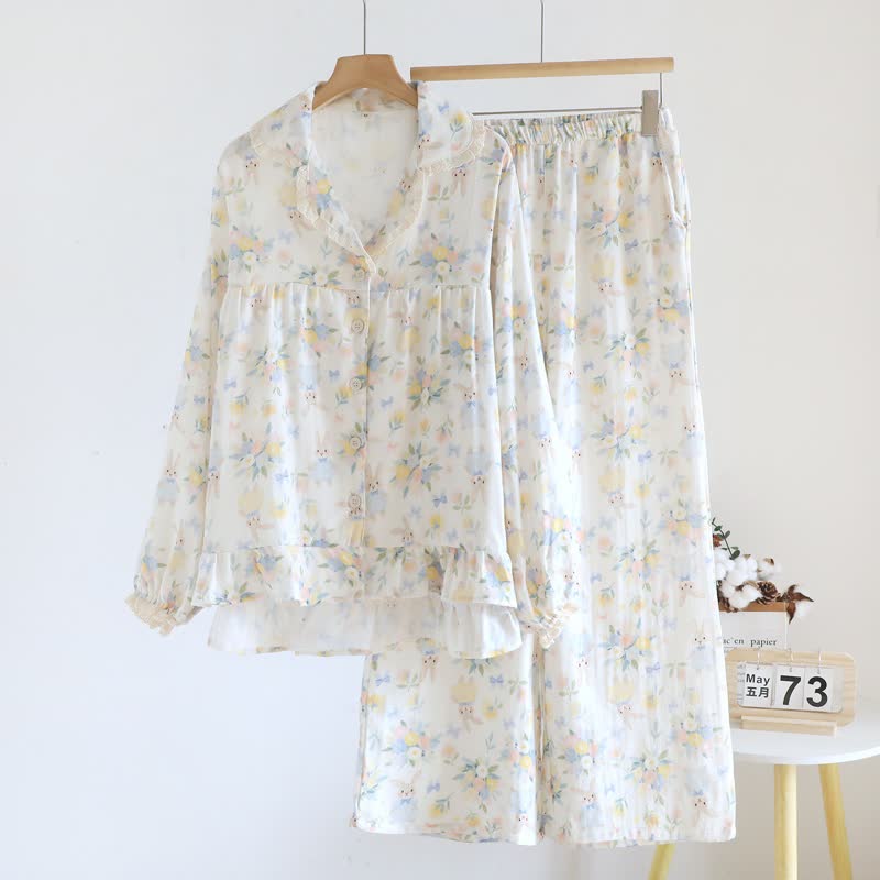 Bunny & Floral Cotton Gauze Pajama Set
