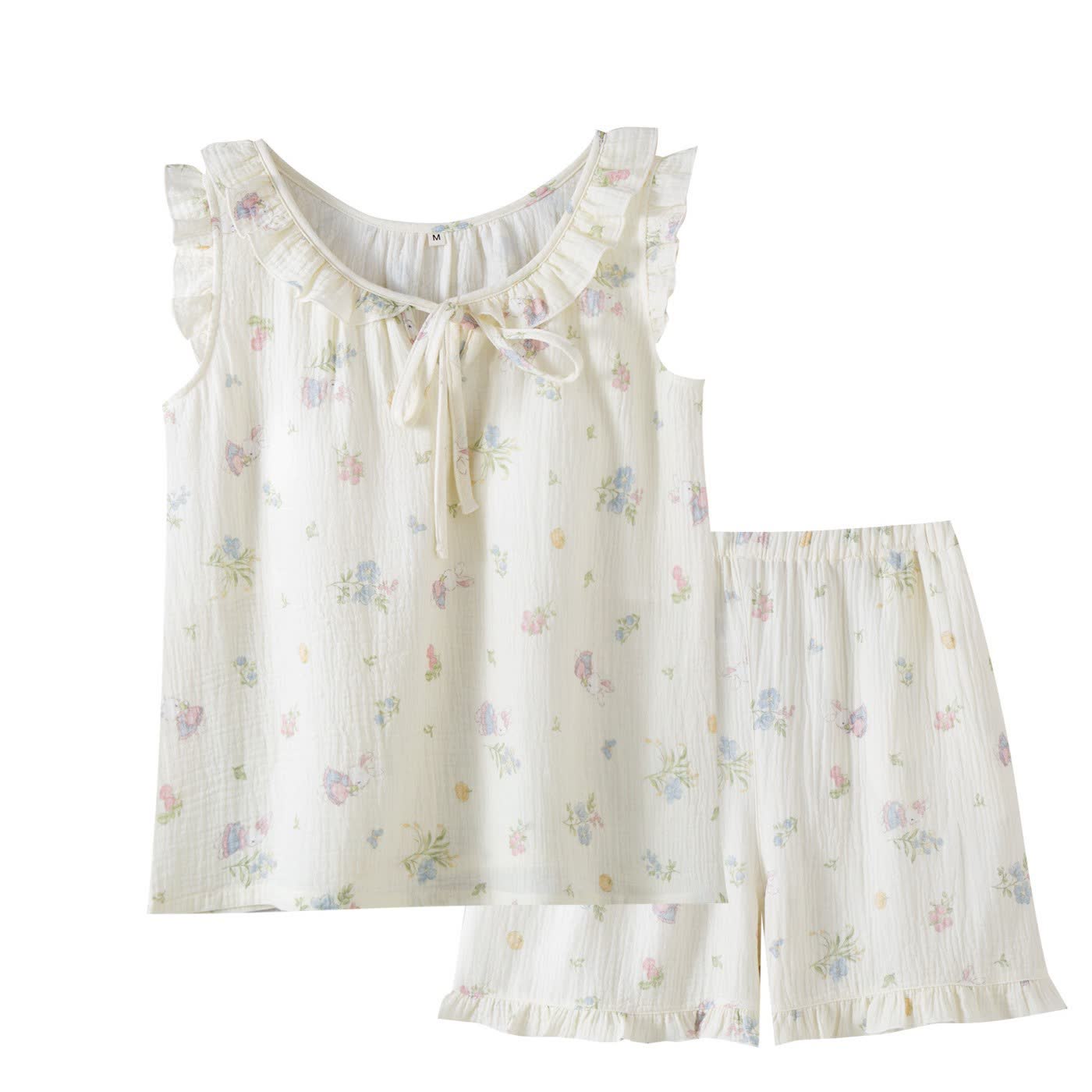 Cartoon Bunny & Floral Cotton Gauze Pajamas