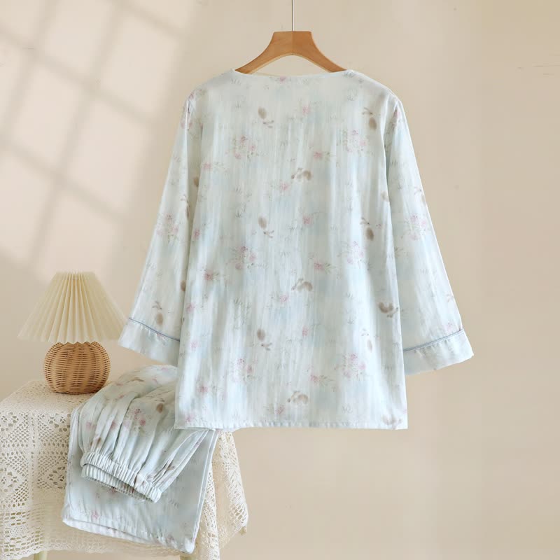 Elegant Bunny & Floral Cotton Gauze Pajama Set