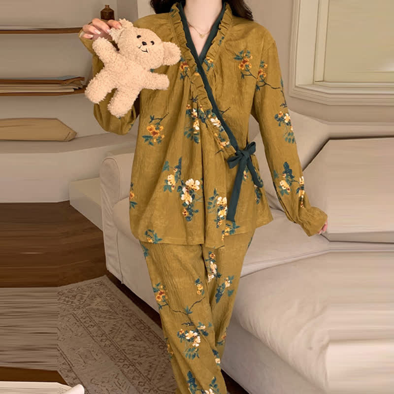 Ruffled Neck Green Floral Pajama Set