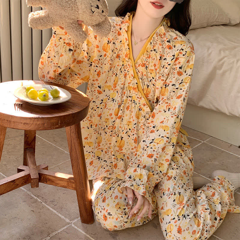 Ruffled Neck Yellow Floral Pajama Set