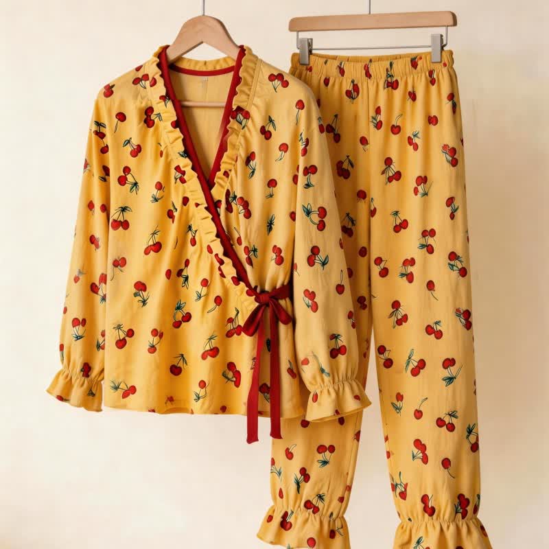 Ruffled Neck Cherry Print Pajama Set