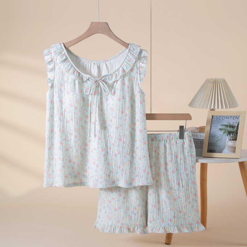 Elegant Floral Cotton Gauze Sleeveless Pajamas