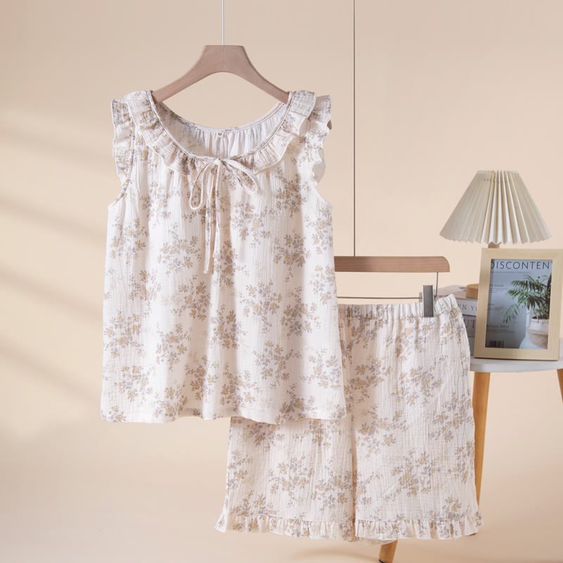 Graceful Floral Cotton Gauze Sleeveless Pajamas