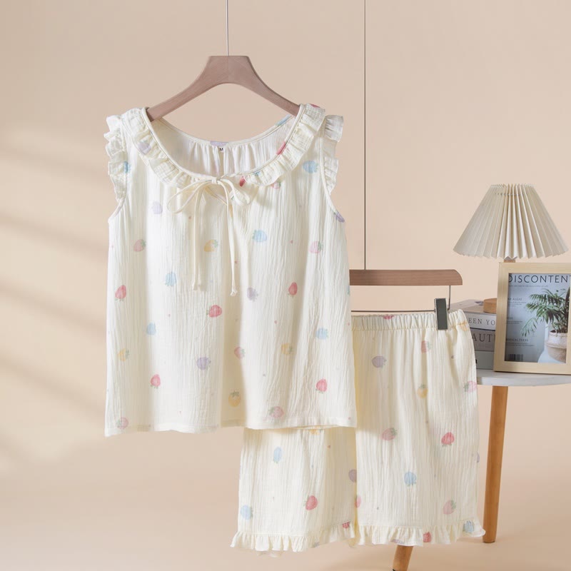 Cute Strawberry Cotton Gauze Sleeveless Pajamas