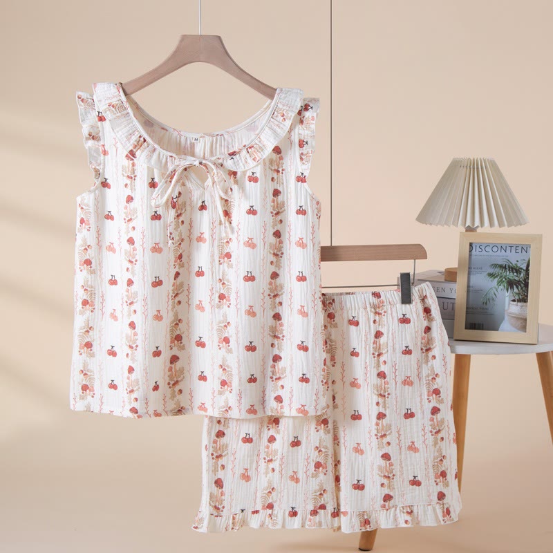Cherry & Mushroom Cotton Gauze Sleeveless Pajamas