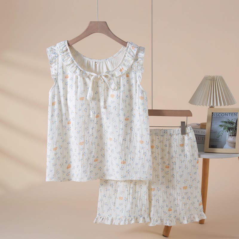 Pumpkin & Leaf Cotton Gauze Sleeveless Pajamas