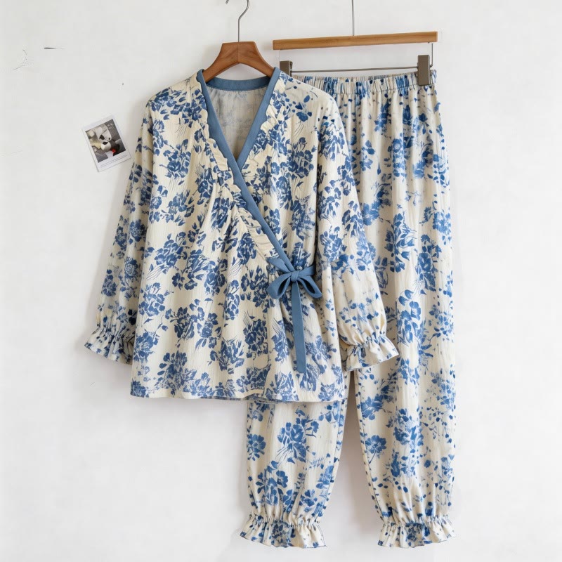 Ruffled Neck Blue Floral Pajama Set