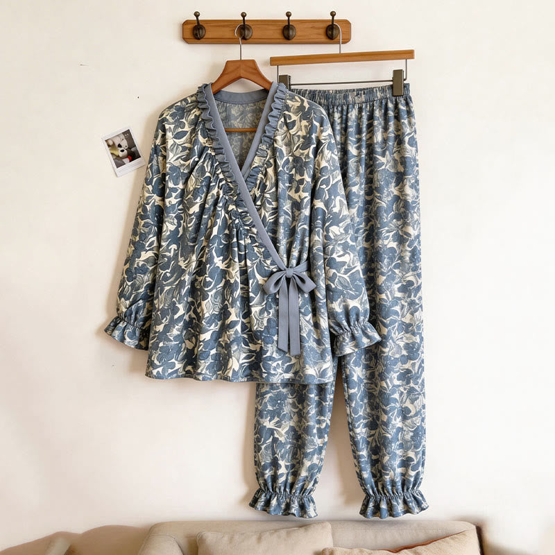 Ruffled Neck Blue Artistic Pajama Set