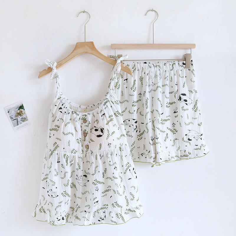 Cat & Leaf Pure Cotton Sleeveless Pajamas