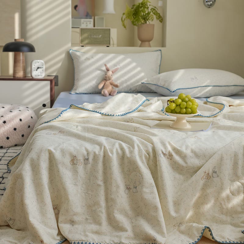 Elegant Leaf & Bunny Cotton Gauze Bedding