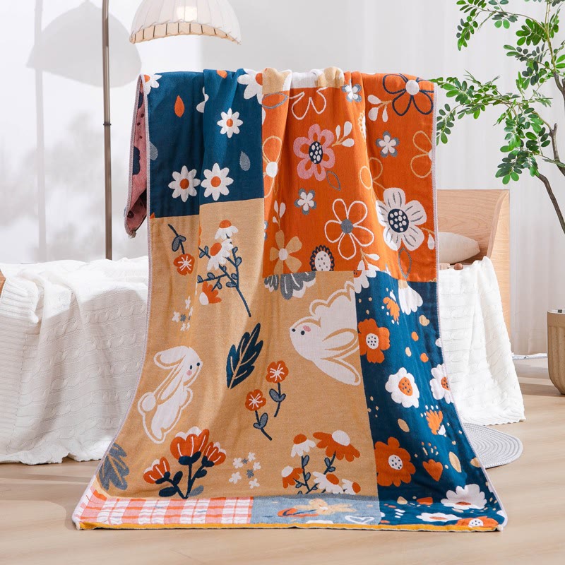 Pastoral Bunny & Floral Cotton Gauze Bath Towel