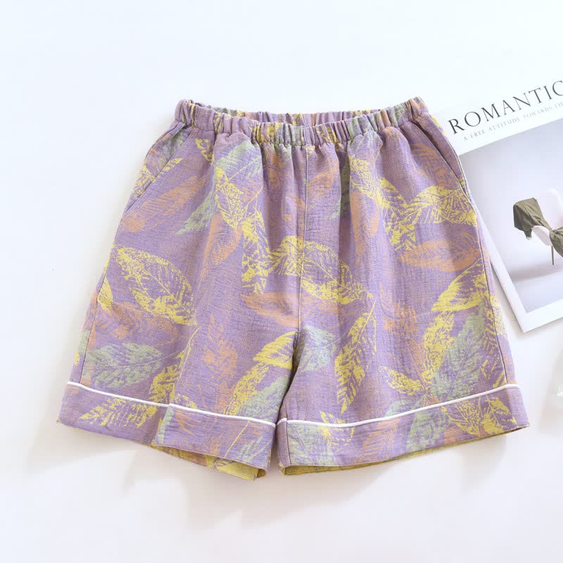 Artistic Leaf Cotton Gauze Pajama Shorts