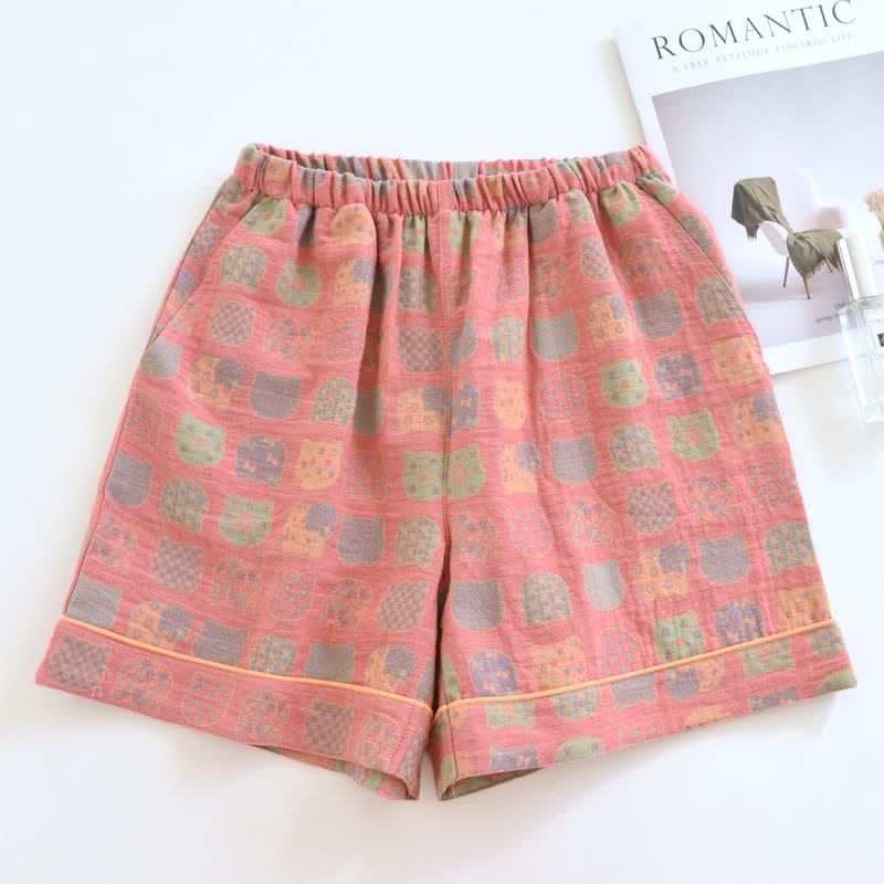Pink Cat Cotton Gauze Pajama Shorts