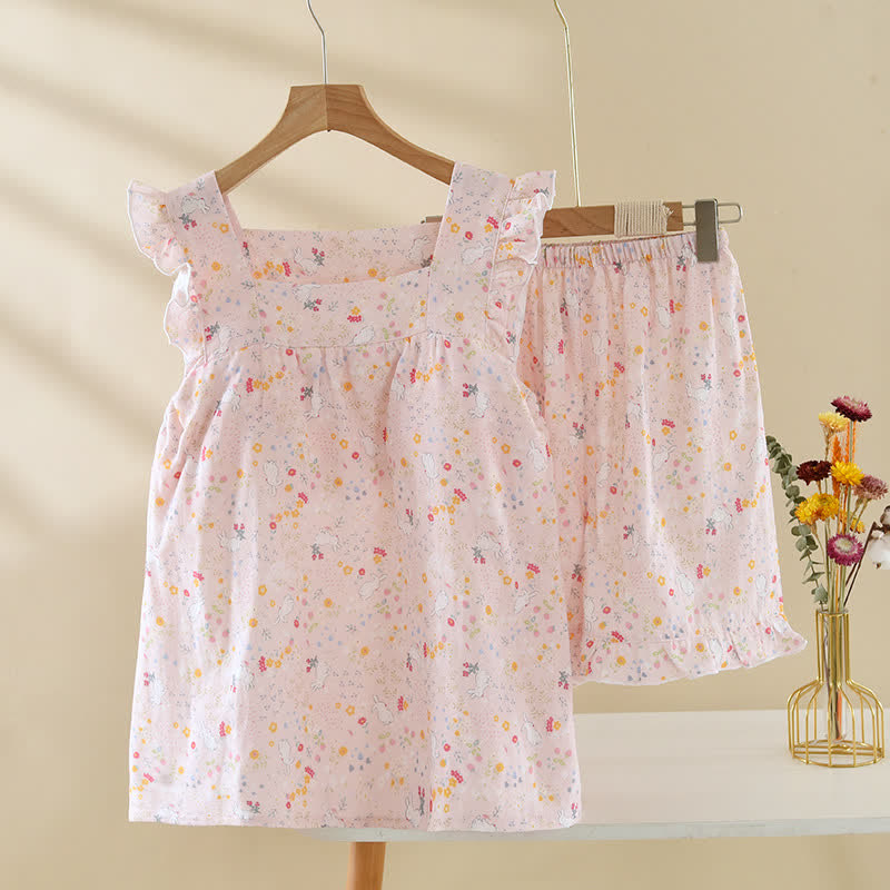 Floral & Bunny Cotton Gauze Sleeveless Pajamas