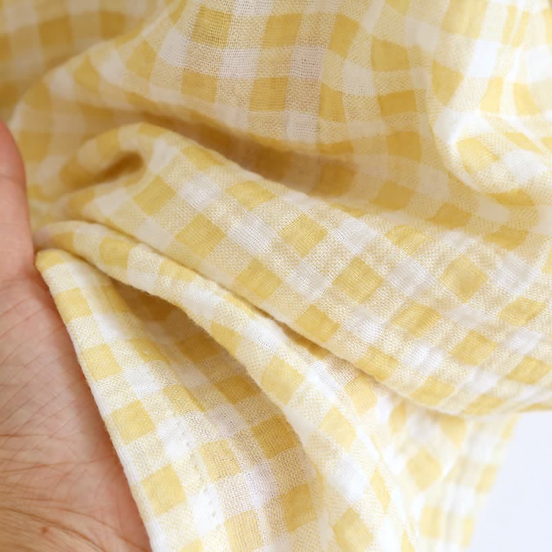 Plaid Cotton Gauze Pajamas with Embroidered Trim