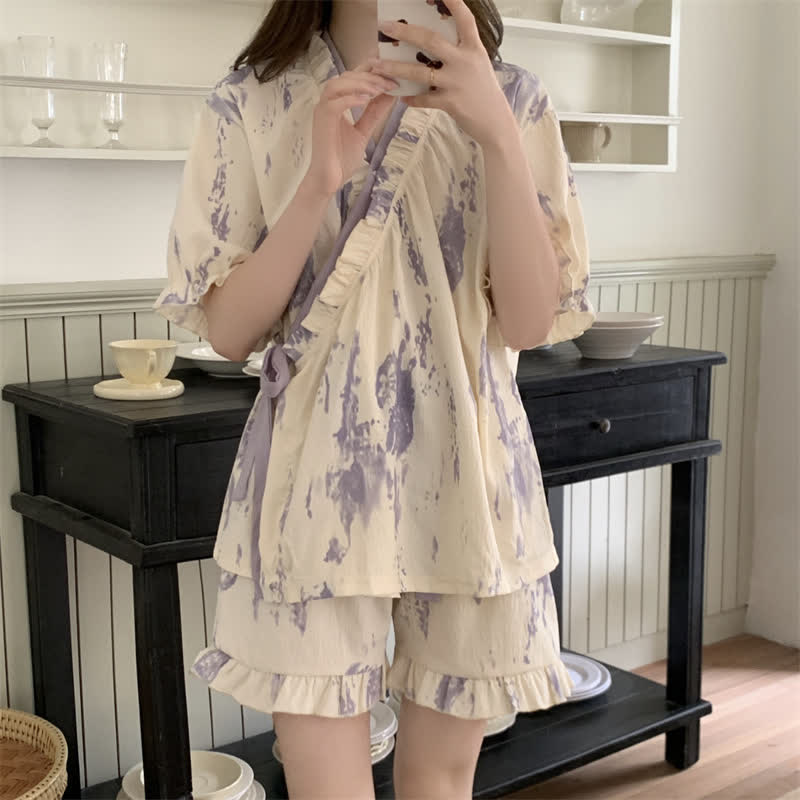 Artistic Pattern Ruffle Sleeve Pajamas