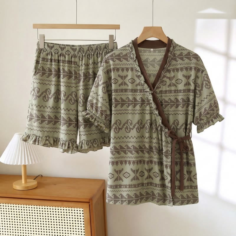 Boho Style Ruffle Sleeve Pajama Set