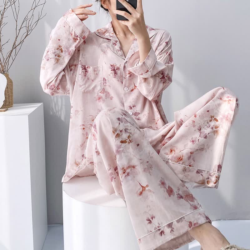 Pink Ink Wash Floral Pajama Set