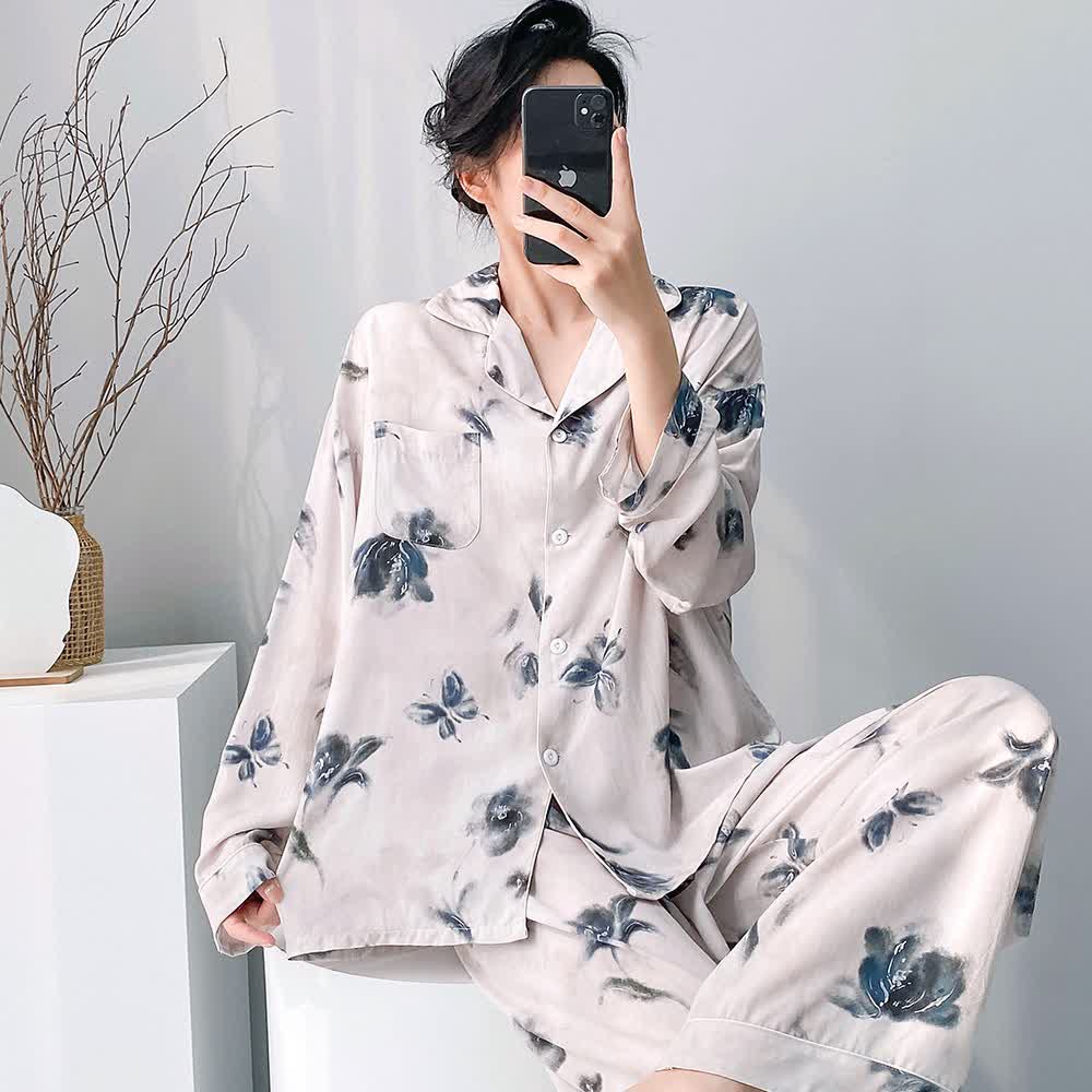 Ink Wash Floral Butterfly Pajama Set