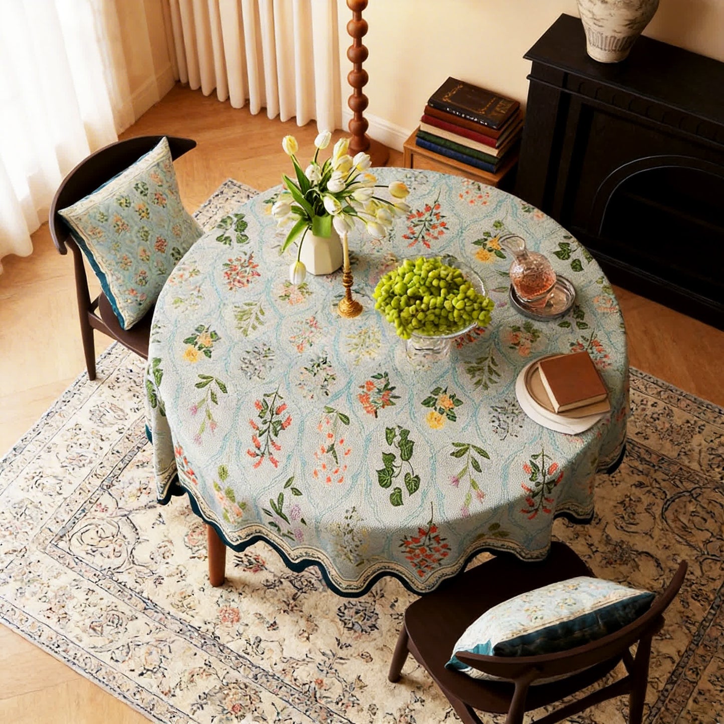 Botanical Floral Scalloped Edge Tablecloth