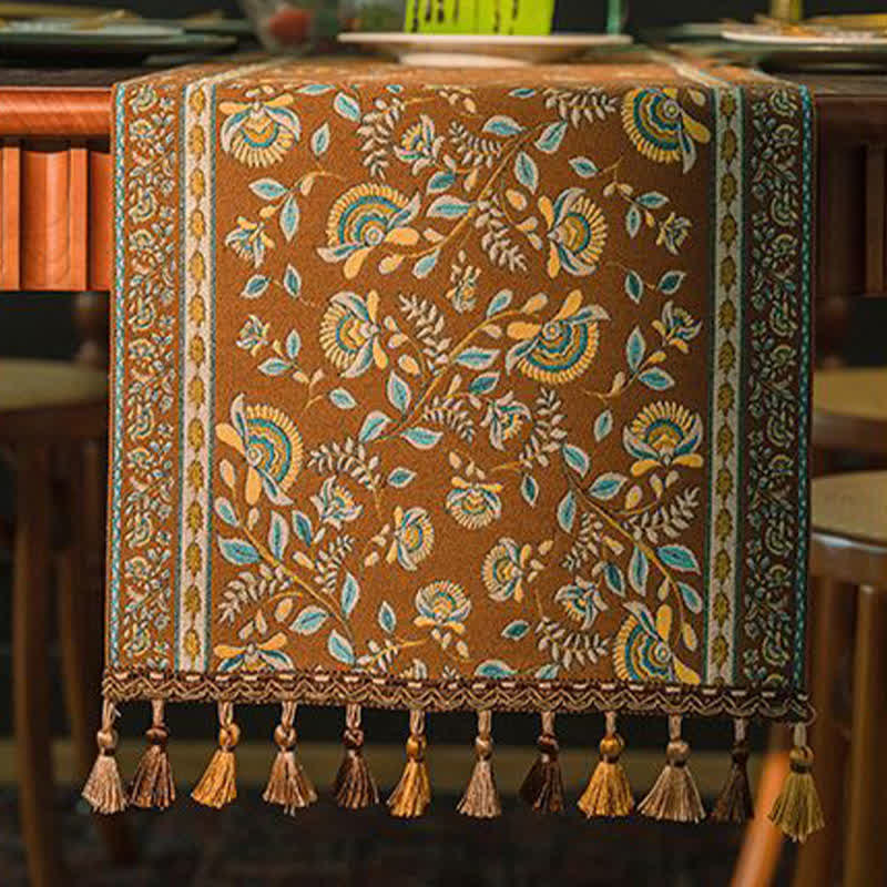 Vintage Branch Jacquard Tassel Table Runner