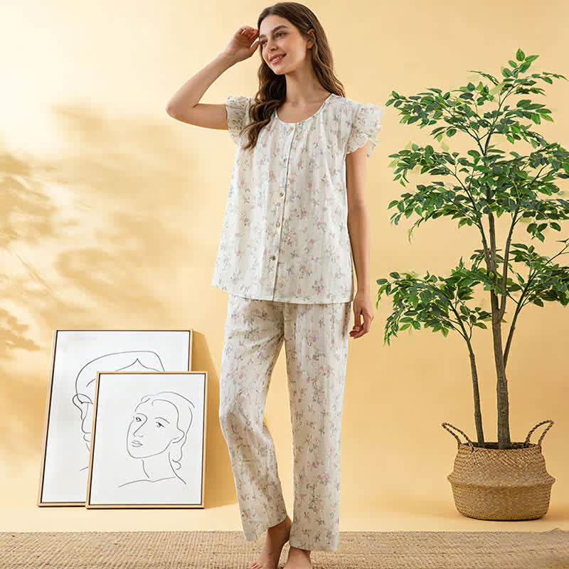 Rose Cotton Flutter Sleeve Loungewear Set