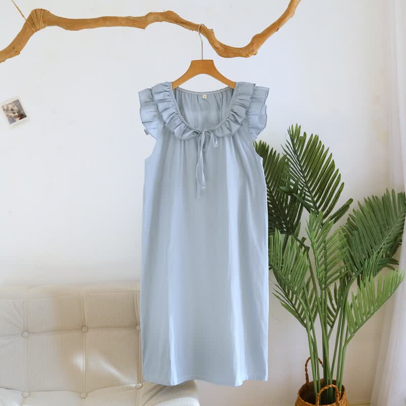 Cotton Gauze Solid Flutter Sleeve Nightdress