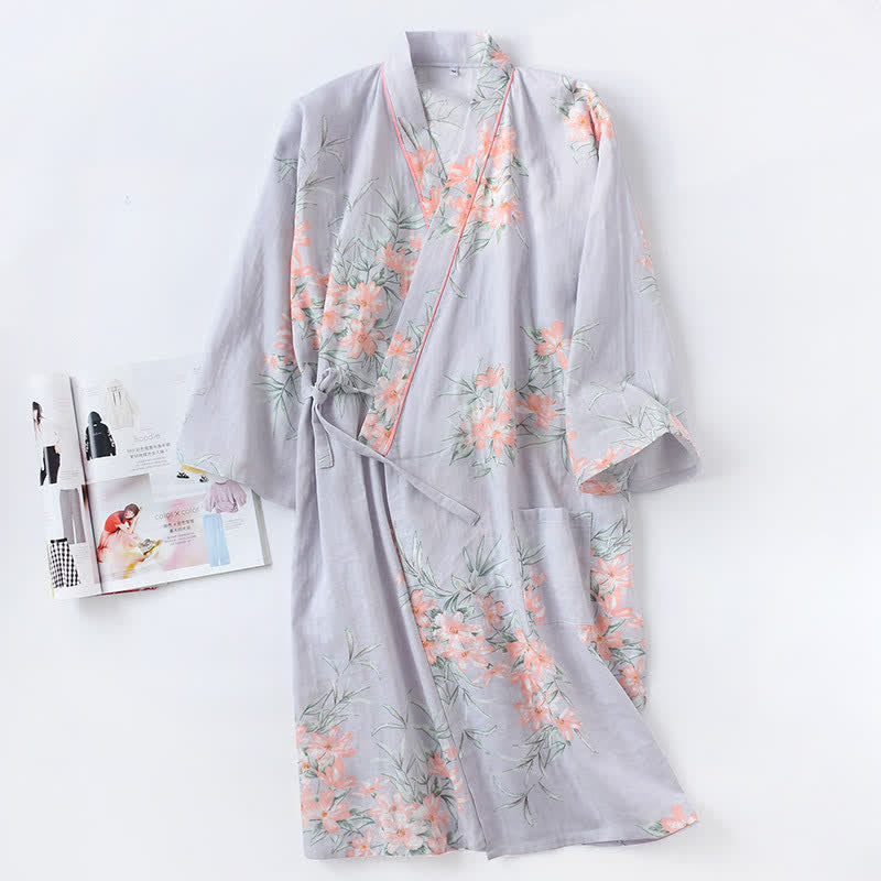 Pink Floral Cotton Gauze Kimono Robe