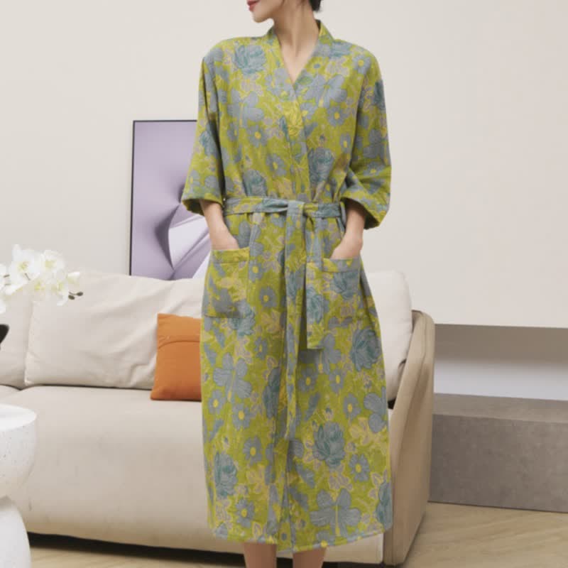 Green Floral Cotton Double Gauze Robe