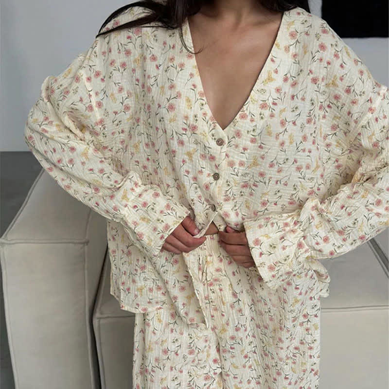 Cotton V-Neck Floral Pajama Set