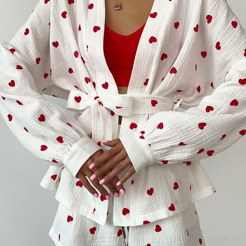 Cotton Heart Print Wrap Pajama Set