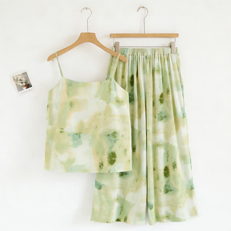 Artistic Green Ink Print Camisole & Pants Sleepwear