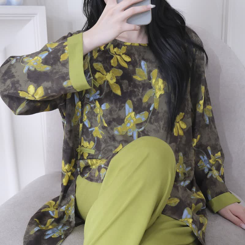Retro Floral Eastern-Inspired Pajama Set