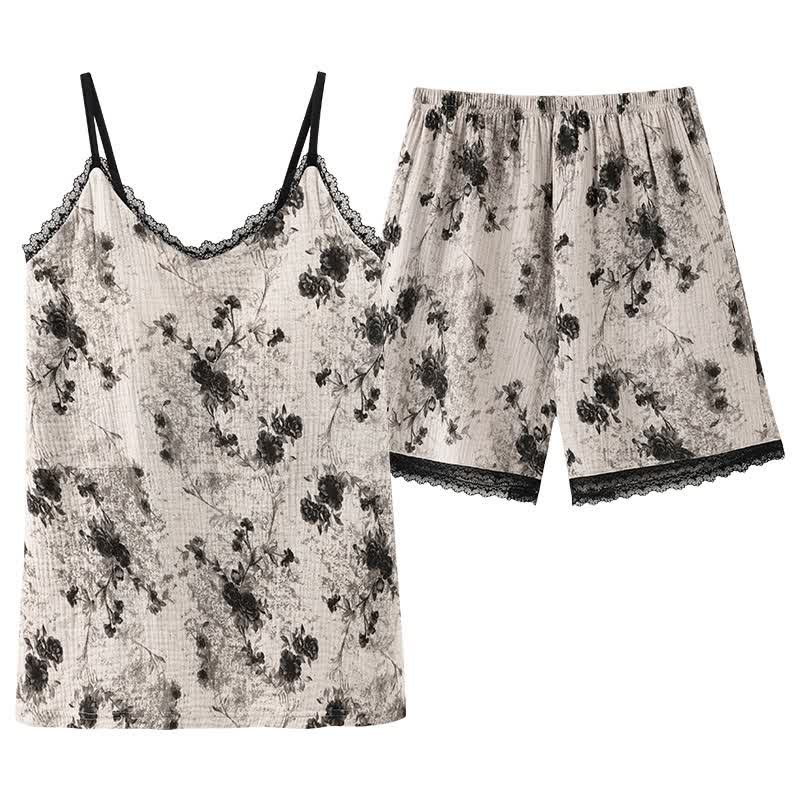 Black Floral Cotton Cami & Shorts Pajamas
