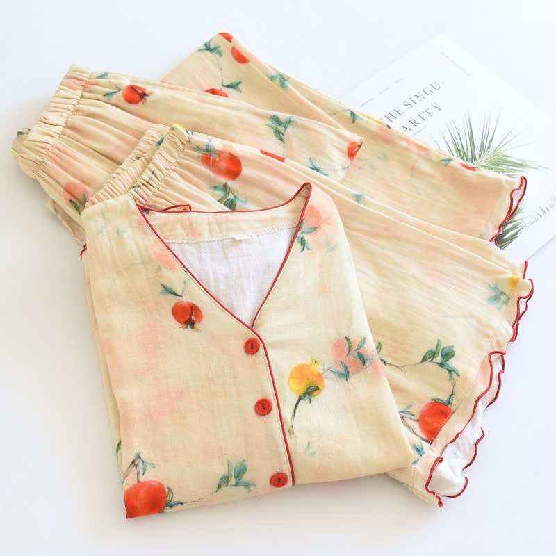 Pomegranate Print Cotton V-Neck Pajama Set(3PCS)