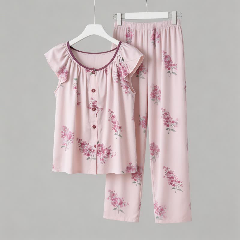 Floral Flutter Sleeve Button Front Pajamas