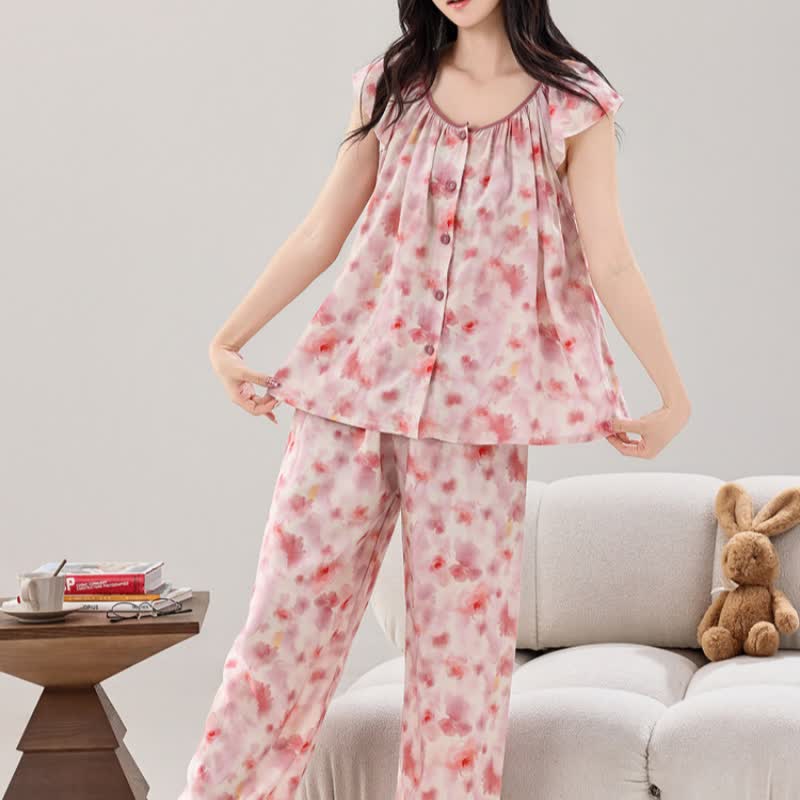 Pink Floral Button Front Loungewear Set