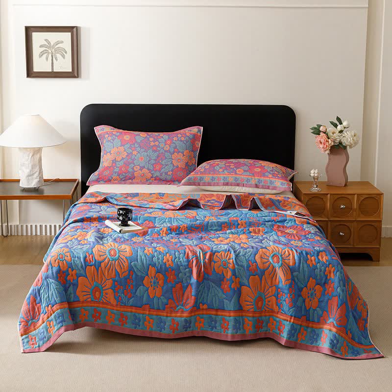 Floral Cotton Gauze Reversible Quilt Blanket