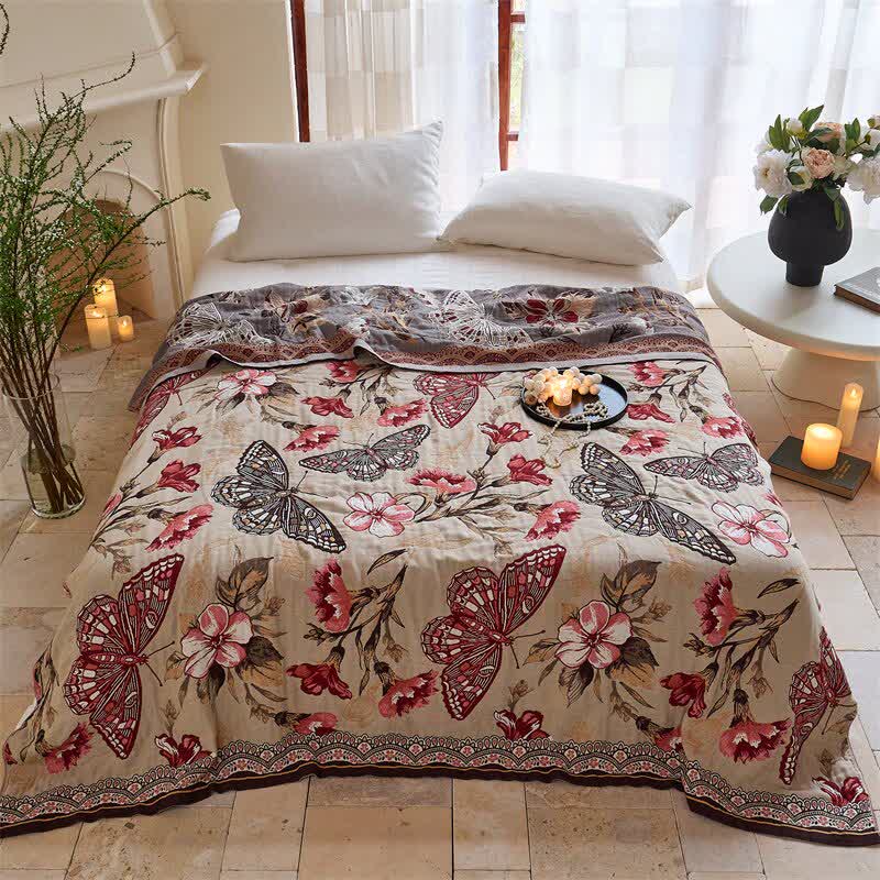 Butterfly & Floral Jacquard Cotton Gauze Quilt Blanket