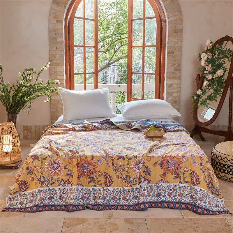 Vibrant Floral Jacquard Cotton Gauze Quilt Blanket